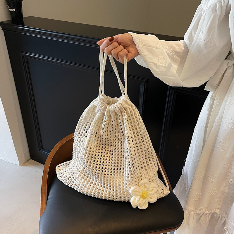 Crochet Market Bag - Effen kleur gebreide schoudertas Boheemse gehaakte