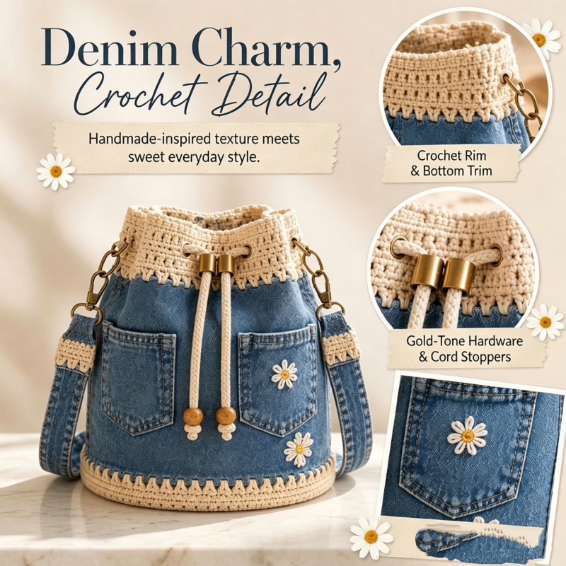 Denim gehaakte emmertas Handge - Crochet Market Bag recensie en prijs