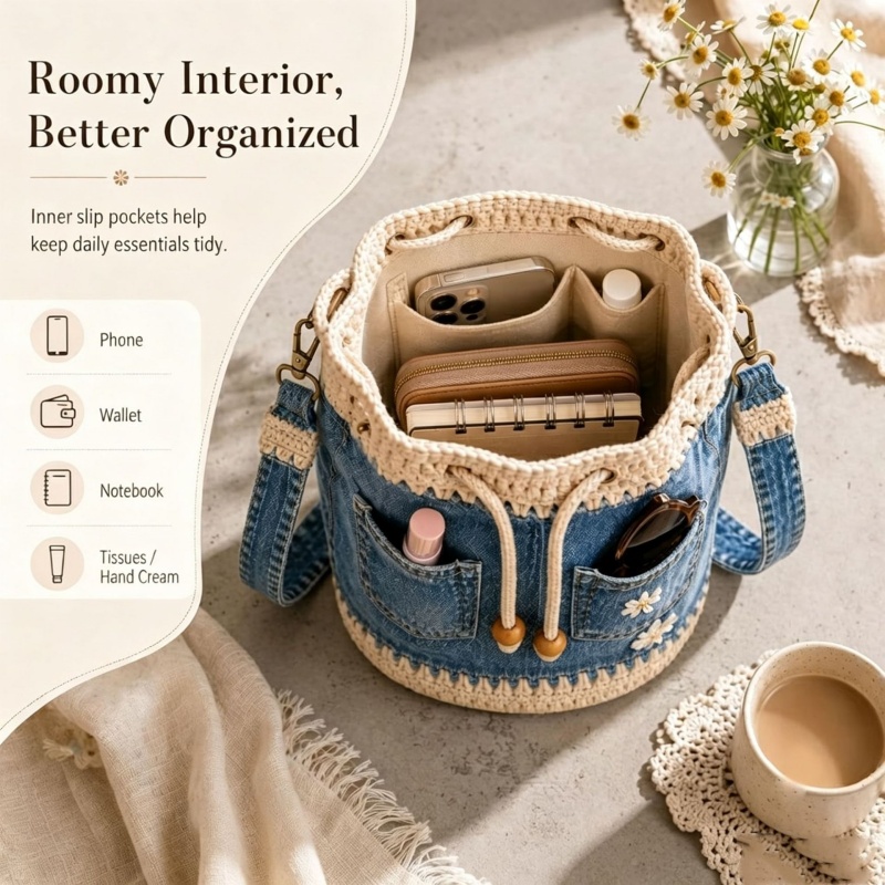 Denim gehaakte emmertas Handge - Crochet Market Bag recensie en prijs